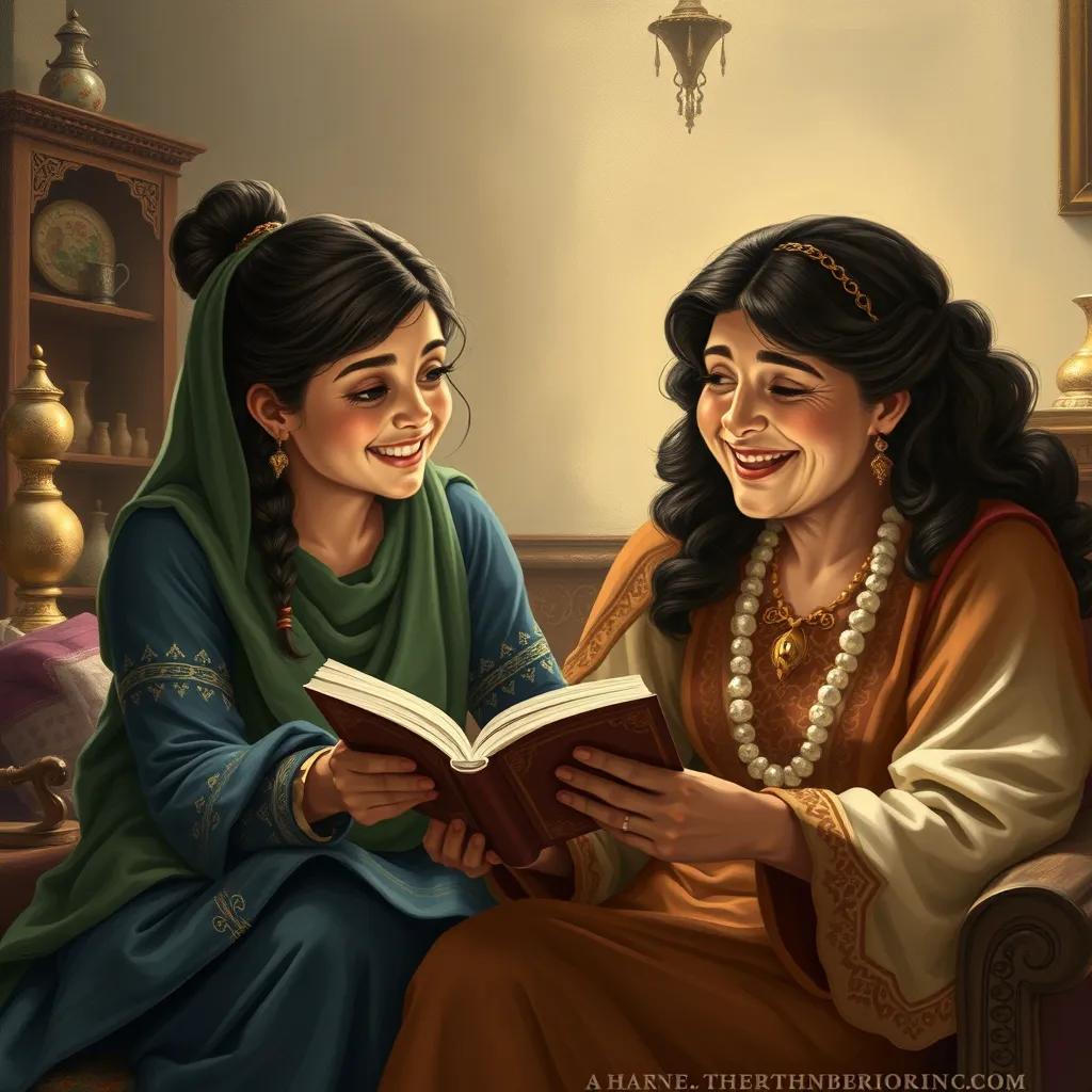 A scene of Hind sharing her story with her grandmother, both engaged and smiling happily, soft lighting, inviting and warm room, detailed illustration, high quality
