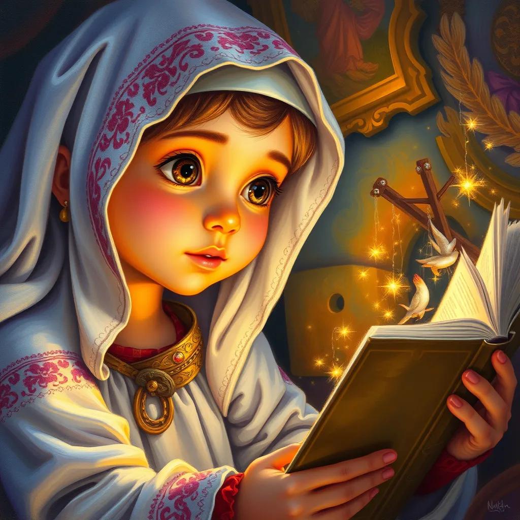 Fatima eagerly listening to the story, eyes bright and fascinated, warm light creating an enchanted atmosphere, colorful, detailed children's art