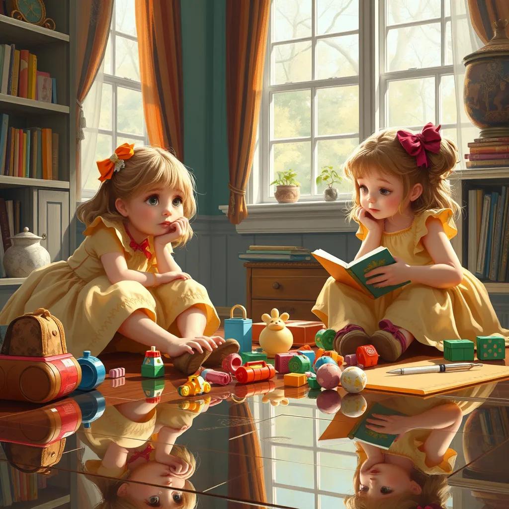 A reflection of the girls realizing the importance of tidying up toys before a story session, with thoughtful expressions, bright and cheerful surroundings, digital art, high quality