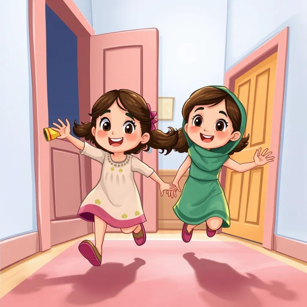 Two young girls, Hind and Fatima, rushing out of their room with excitement to hear a story from their grandmother, bright colors, cheerful atmosphere, high quality