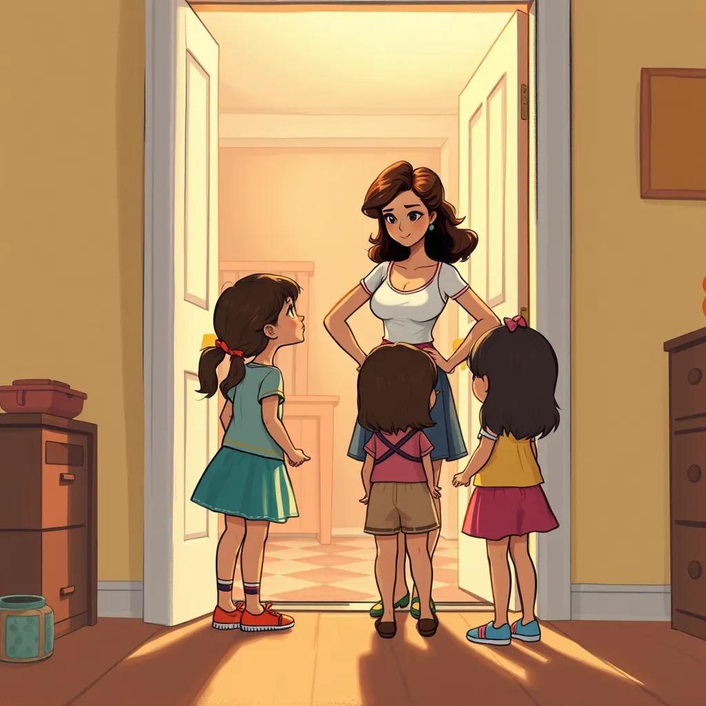 A mother standing in the doorway, holding her hands on her hips, asking the girls if they have cleaned up their toys, detailed digital art, warm light, bright colors, friendly ambiance