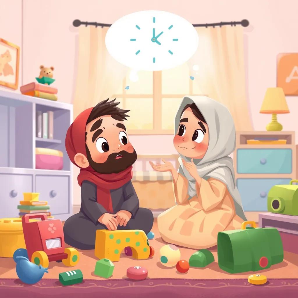 Hind and Fatima looking at each other with concern about the time, toys scattered around them, a cozy room, joyful expressions, digital art, colorful and inviting