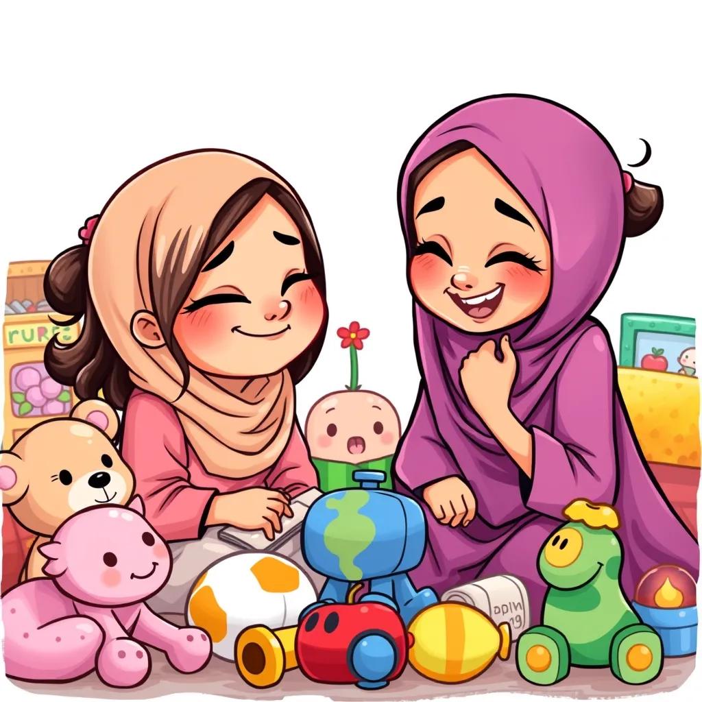Fatima winking mischievously at Hind, both girls giggling together while surrounded by their favorite toys, cartoon style, vibrant colors, child-friendly