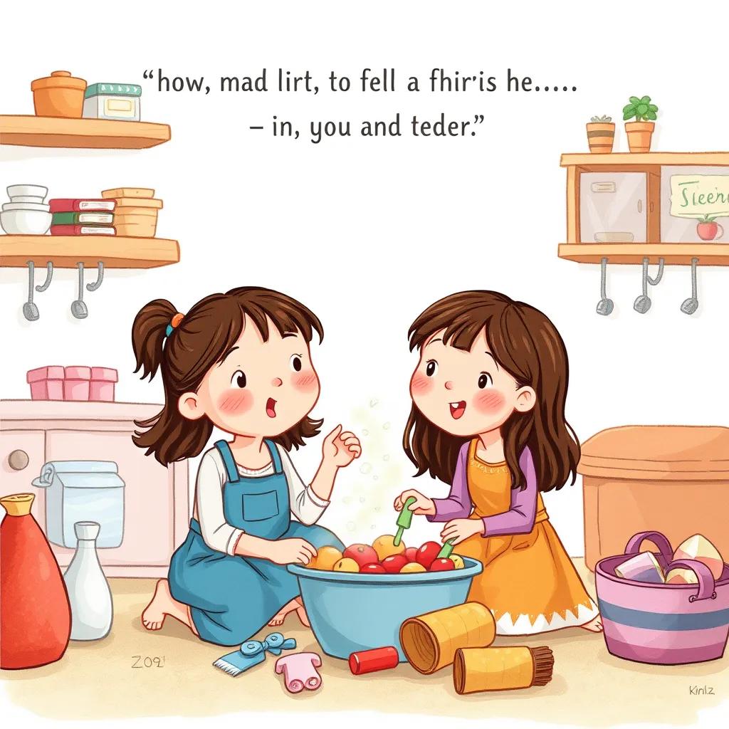 A mother’s voice coming from the distance, reminding the girls to clean up, capturing a warm and humorous moment, illustration, inviting, colorful