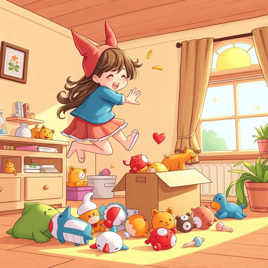 Hind jumping to her scattered toys, hugging them, and placing them in a box, sunny room, cheerful, detailed, lively atmosphere