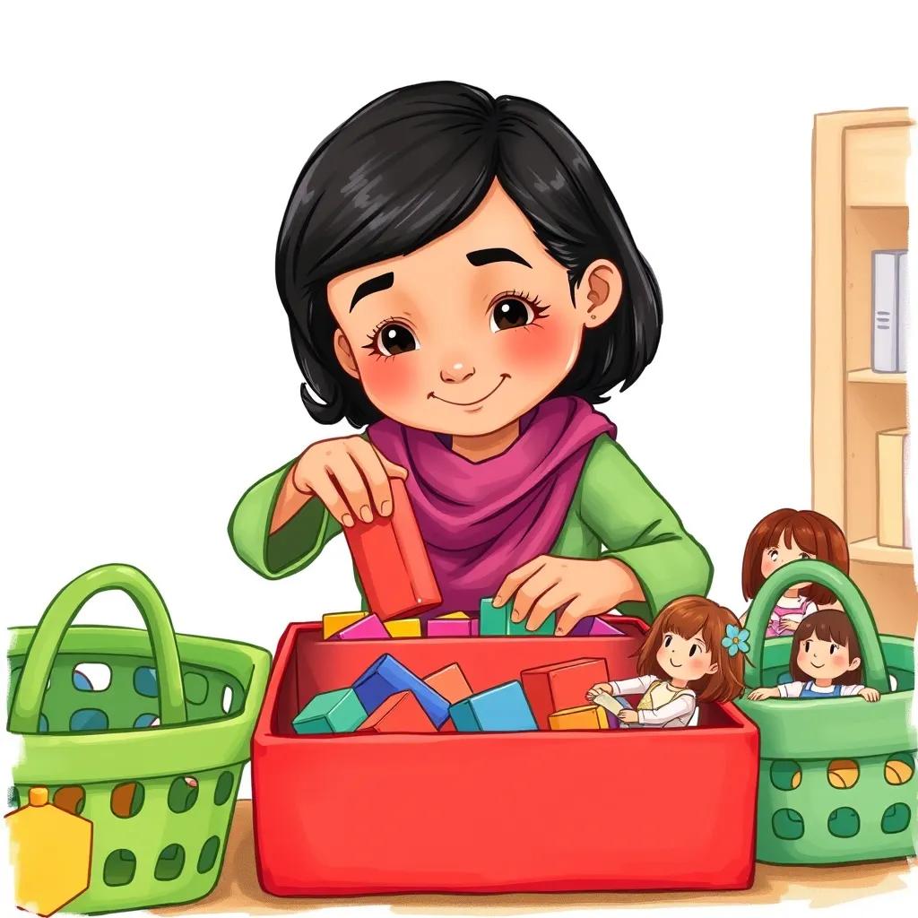 Fatima carefully placing cubes into a red toy box, surrounded by green dolls basket, organizing her toys with focus, bright colors, friendly look