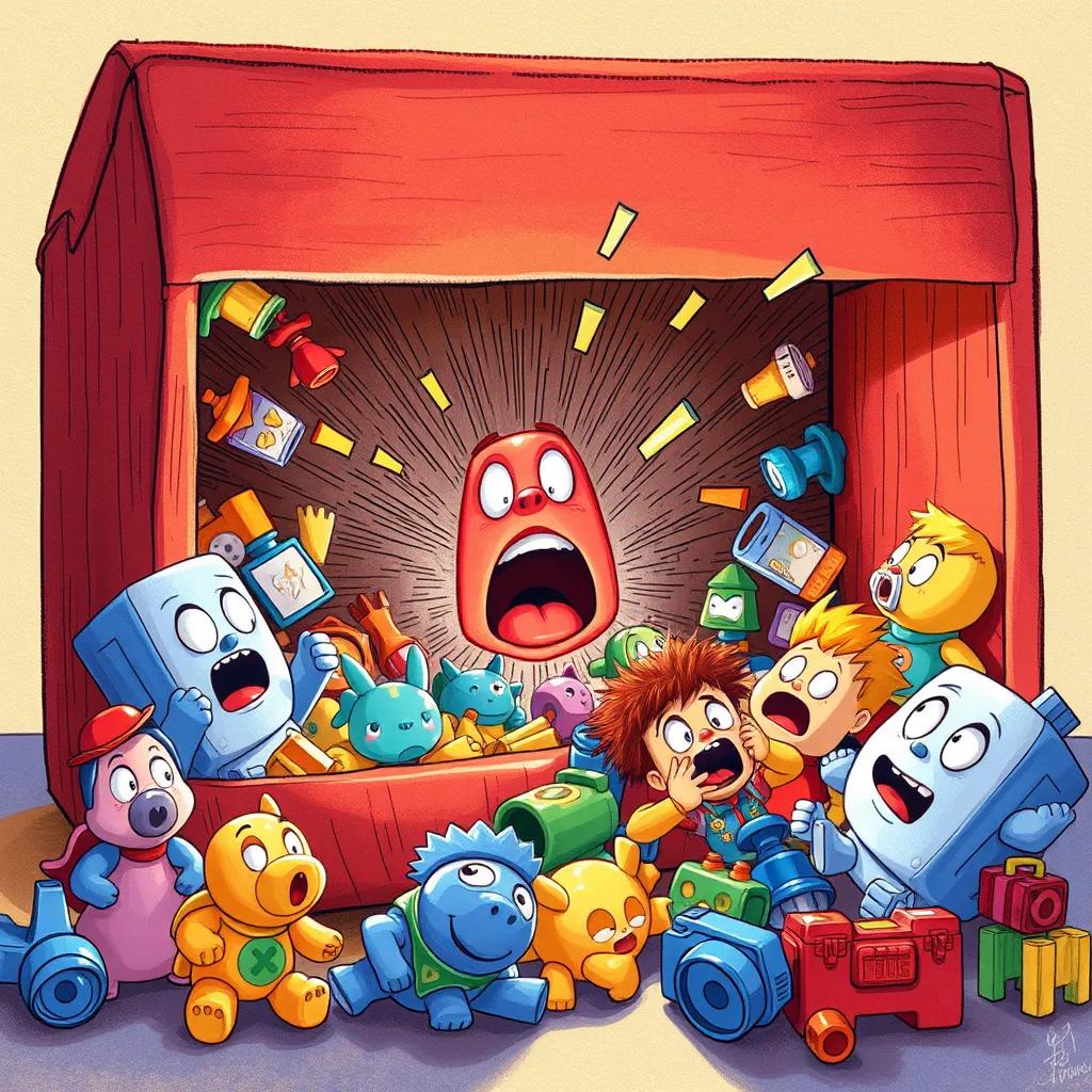 A loud crash heard from the toy box, startling everyone, toys scattered with vibrant colors, surprised expressions, realistic, interactive