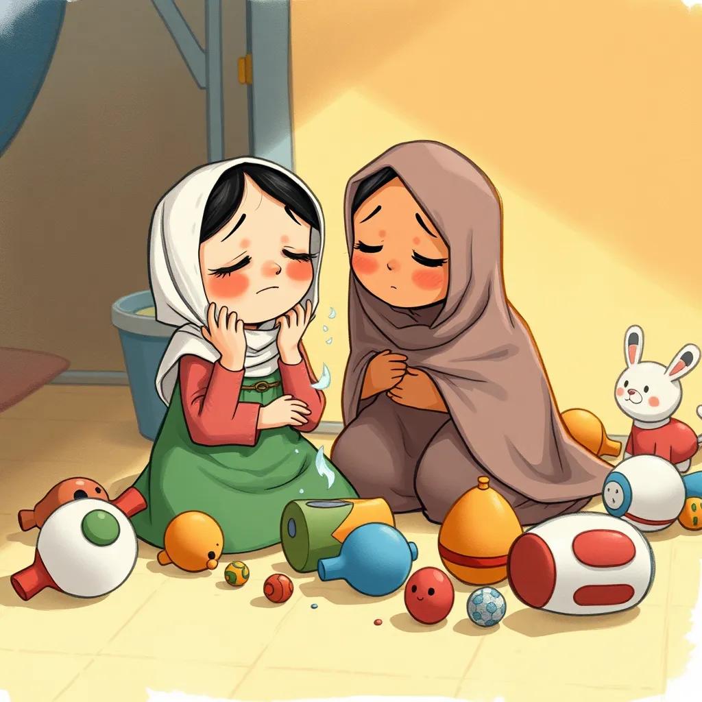 Hind crying over her broken favorite toy, with Fatima comforting her beside the scattered toys, warm light, emotional, heartwarming scene