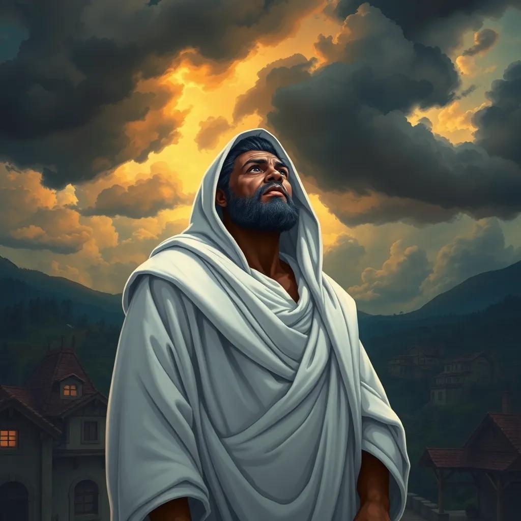 Hood, a strong prophet with a kind face, wearing a flowing white robe, with dark skin and a thoughtful expression, looking up at dark storm clouds gathering in the sky over the village, illustration, dramatic lighting, colorful, epic perspective, high quality