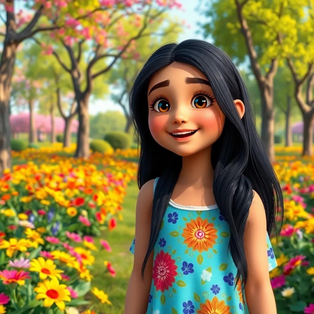 A young Arab girl, Haifa, with long black hair, wearing a colorful dress, in a vibrant park filled with flowers and trees, excited expression, cheerful atmosphere, digital art, bright colors, inviting scenery, high quality