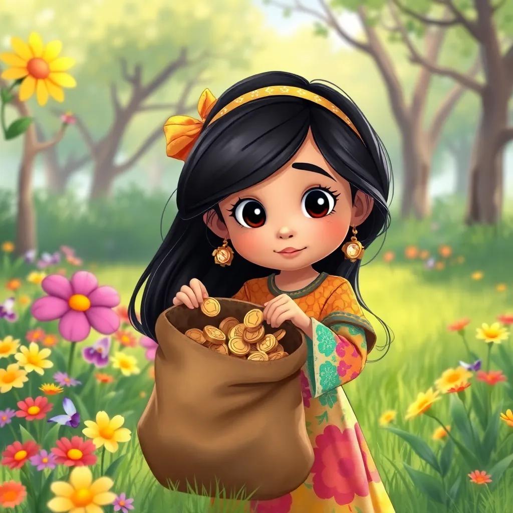 Haifa, a young Arab girl with long black hair wearing a colorful dress, opening an old bag filled with treasures and coins in the park, curious expression, surrounded by colorful flowers, whimsical, child-friendly illustration, daytime, high quality