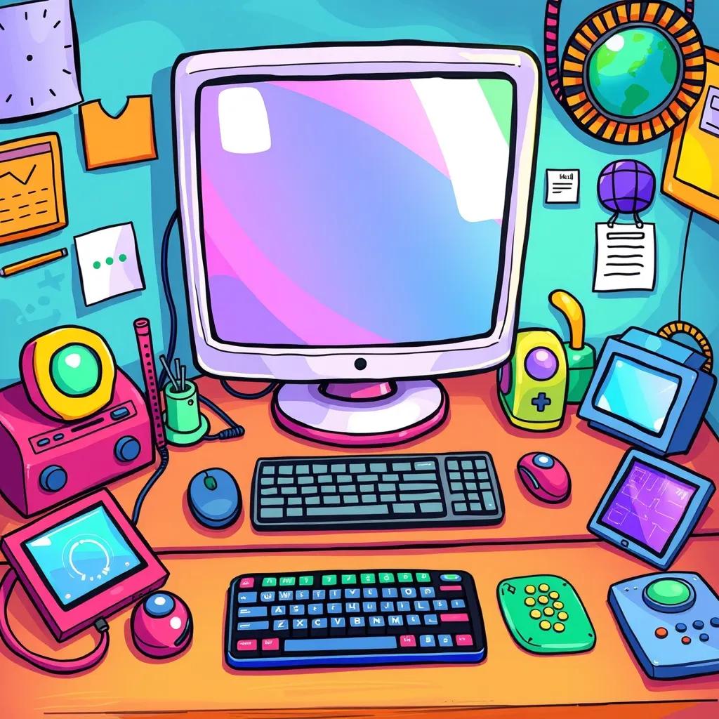 A colorful computer station with various input devices like a mouse, keyboard, and tablet, surrounded by vibrant gadgets, child-friendly digital art, bright colors, inviting atmosphere, high quality