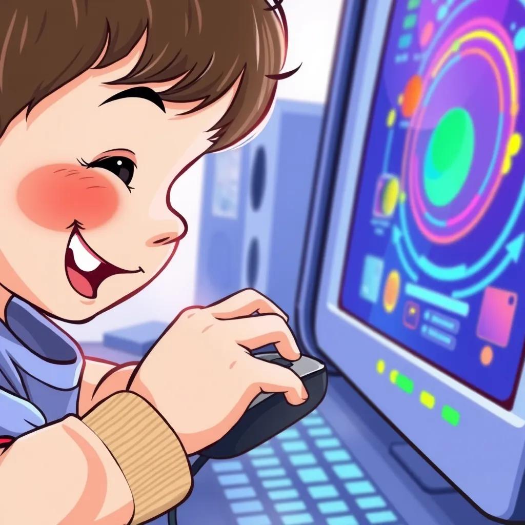 A close-up of a child happily using a computer mouse, with a bright screen showing colorful graphics, emphasizing interaction, cheerful illustration, lively colors, engaging perspective, high quality