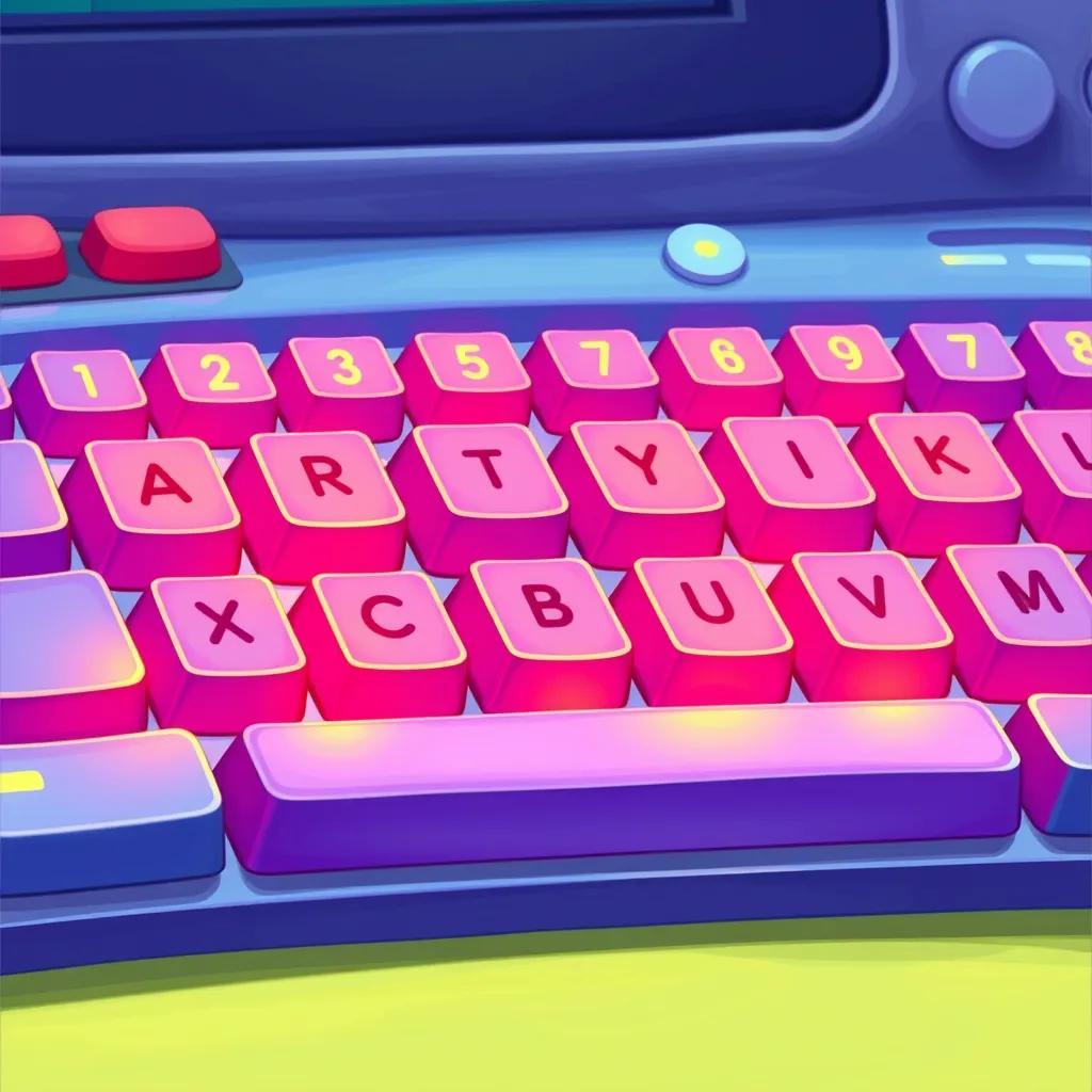 An animated keyboard with keys lighting up, showing letters and numbers, creating a fun and inviting scene, digital art, vibrant colors, playful atmosphere, sharp focus, high quality