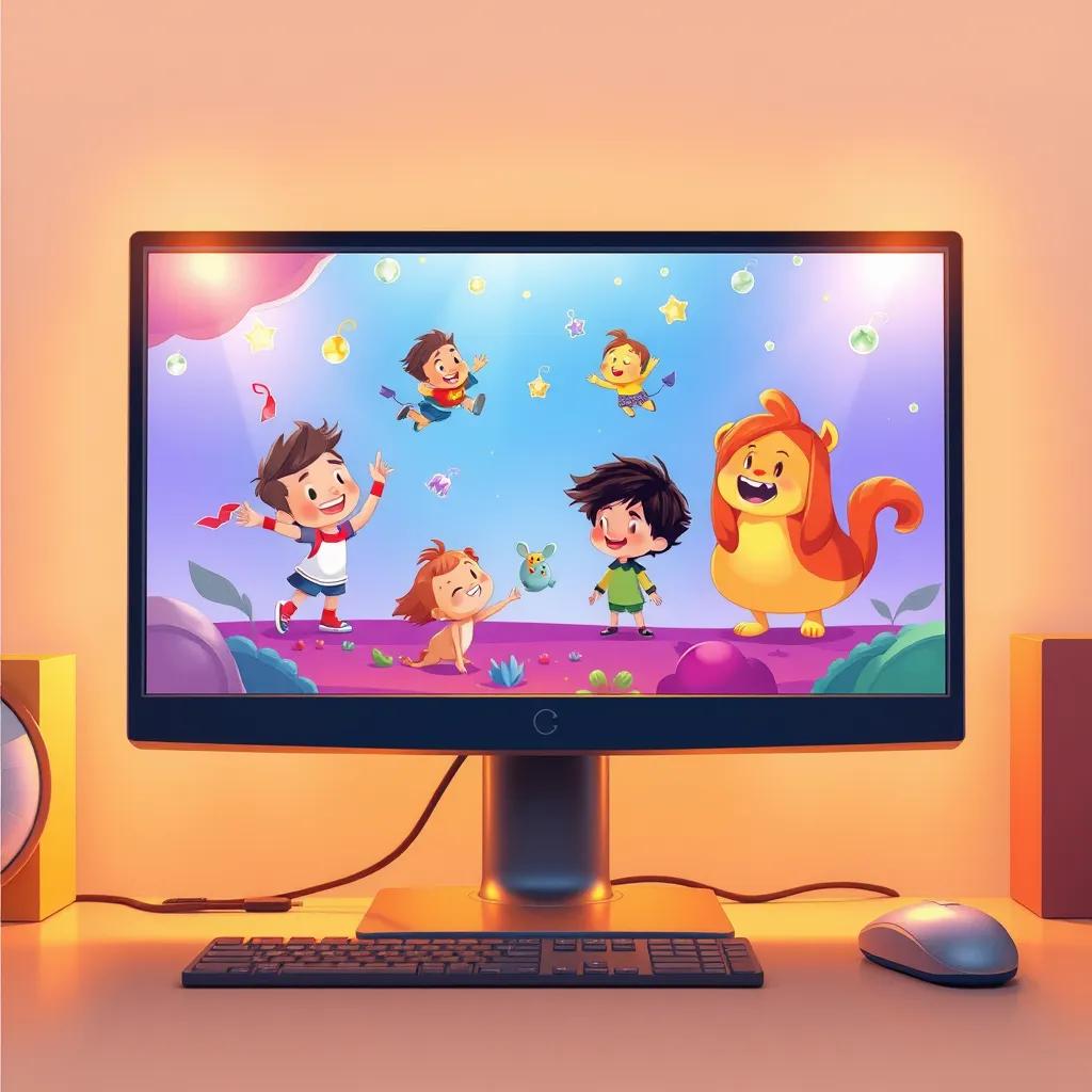 A vibrant computer monitor displaying lively animations and characters, captivating a child's attention, bringing joy, polished digital illustration, bright and colorful, warm lighting, high quality