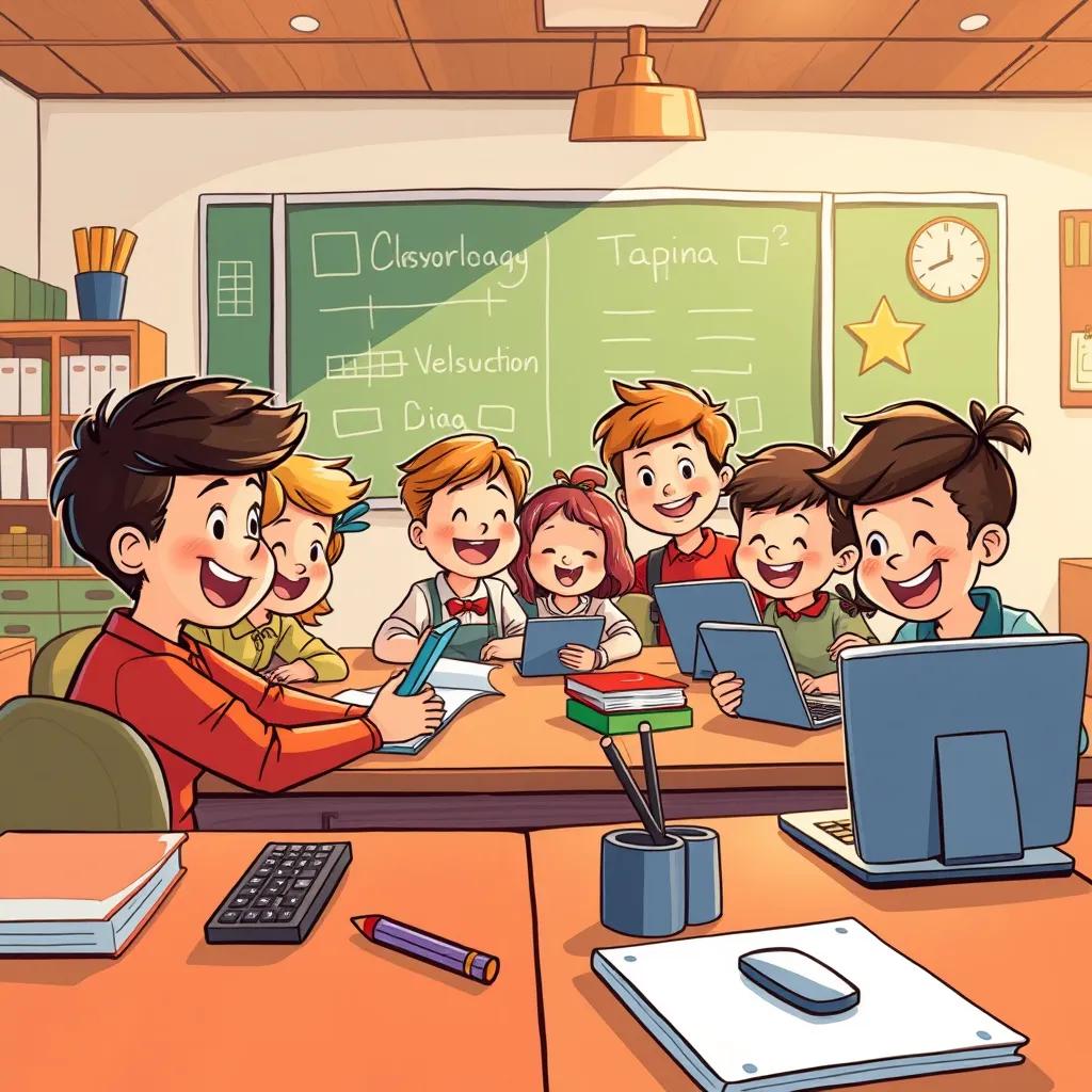 A classroom setting where children are joyfully interacting with different input devices, sharing knowledge and ideas, showcasing teamwork, lively illustration, warm colors, engaging perspective, high quality
