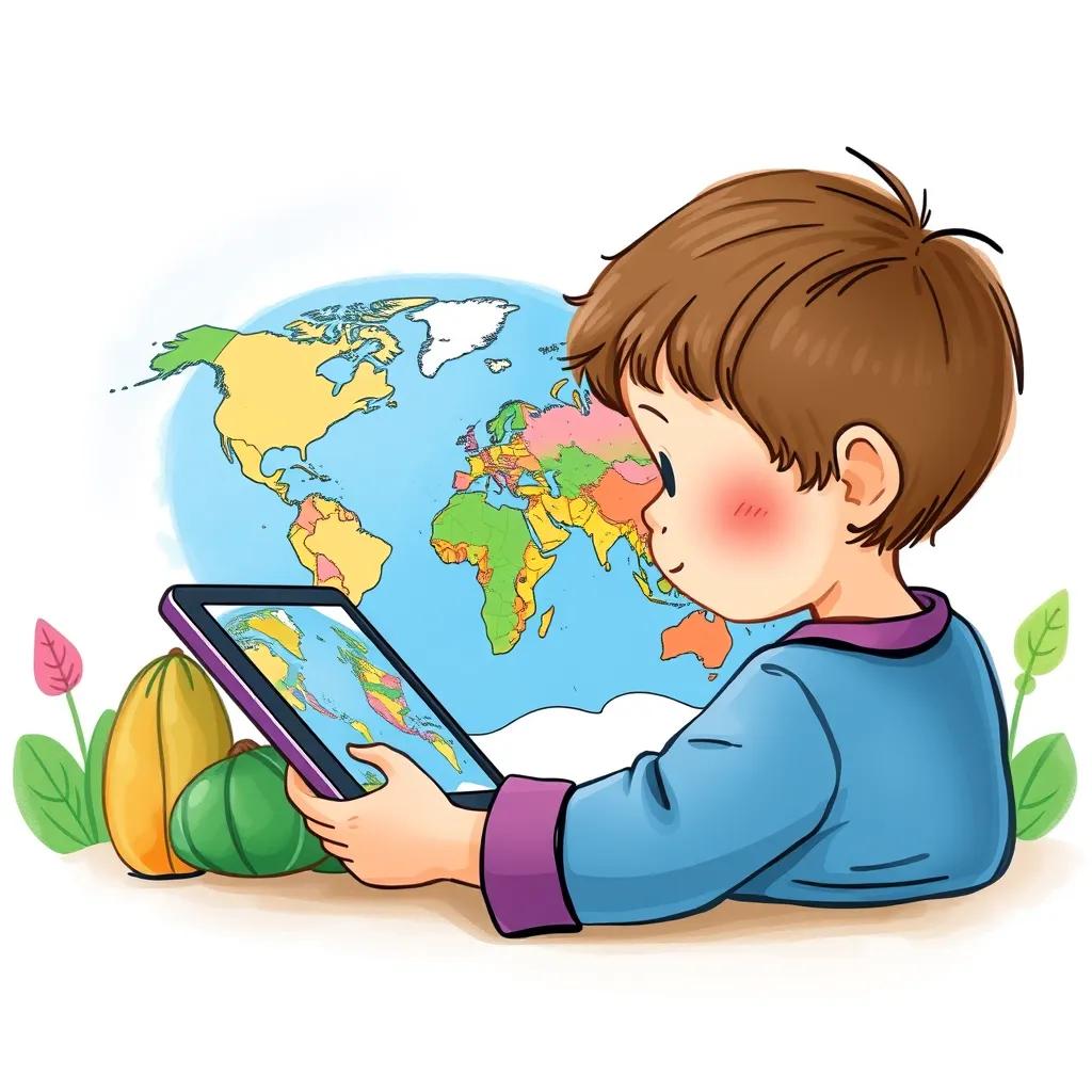 An artistic representation of a child using a tablet with a world map on the screen, exploring different countries, emphasizing learning and adventure, lovely illustration, bright colors, inviting atmosphere, high quality