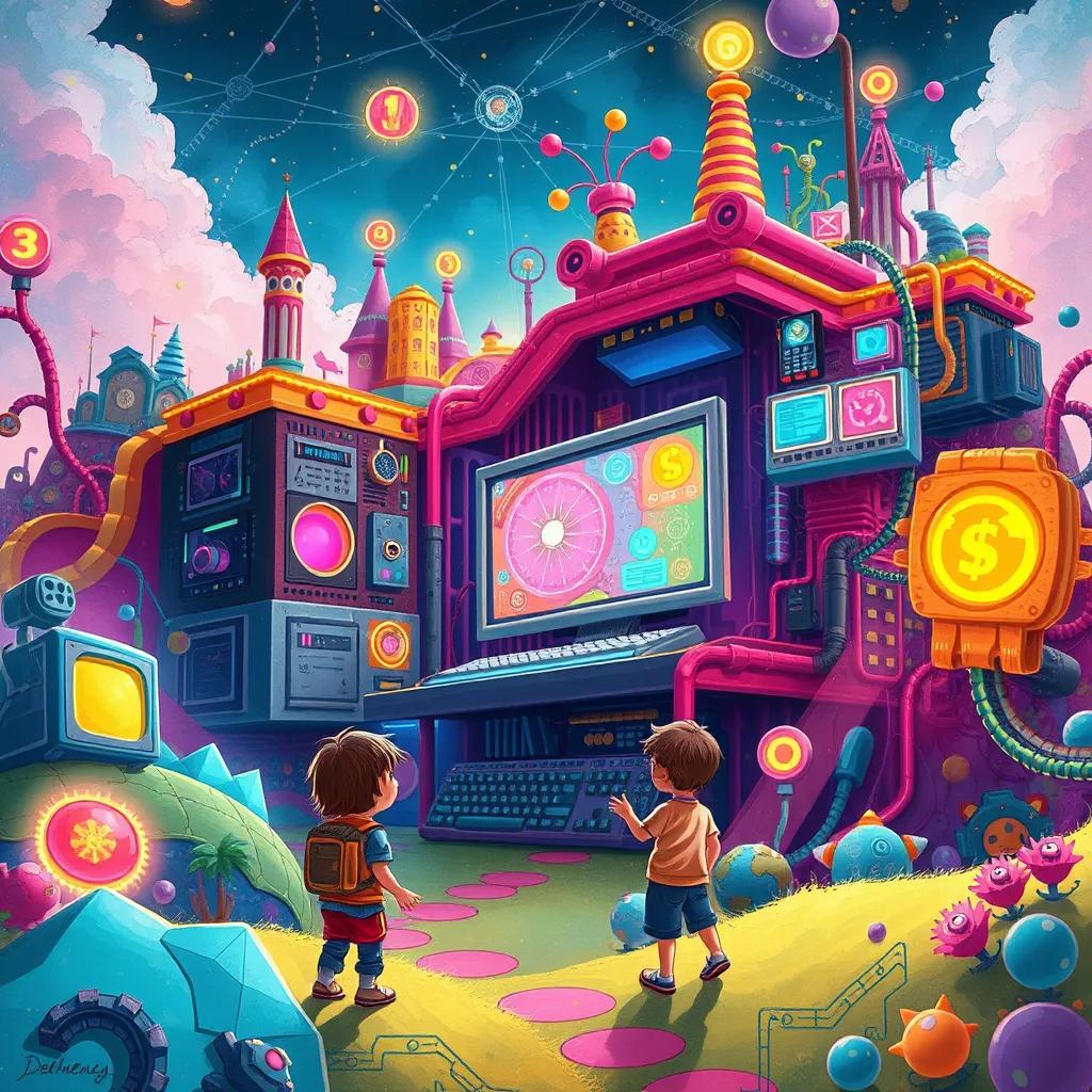 A colorful and magical technology world, with computer parts and circuits forming a fantastical landscape, surrounded by children exploring together, imaginative digital art, vibrant colors, captivating perspective, high quality
