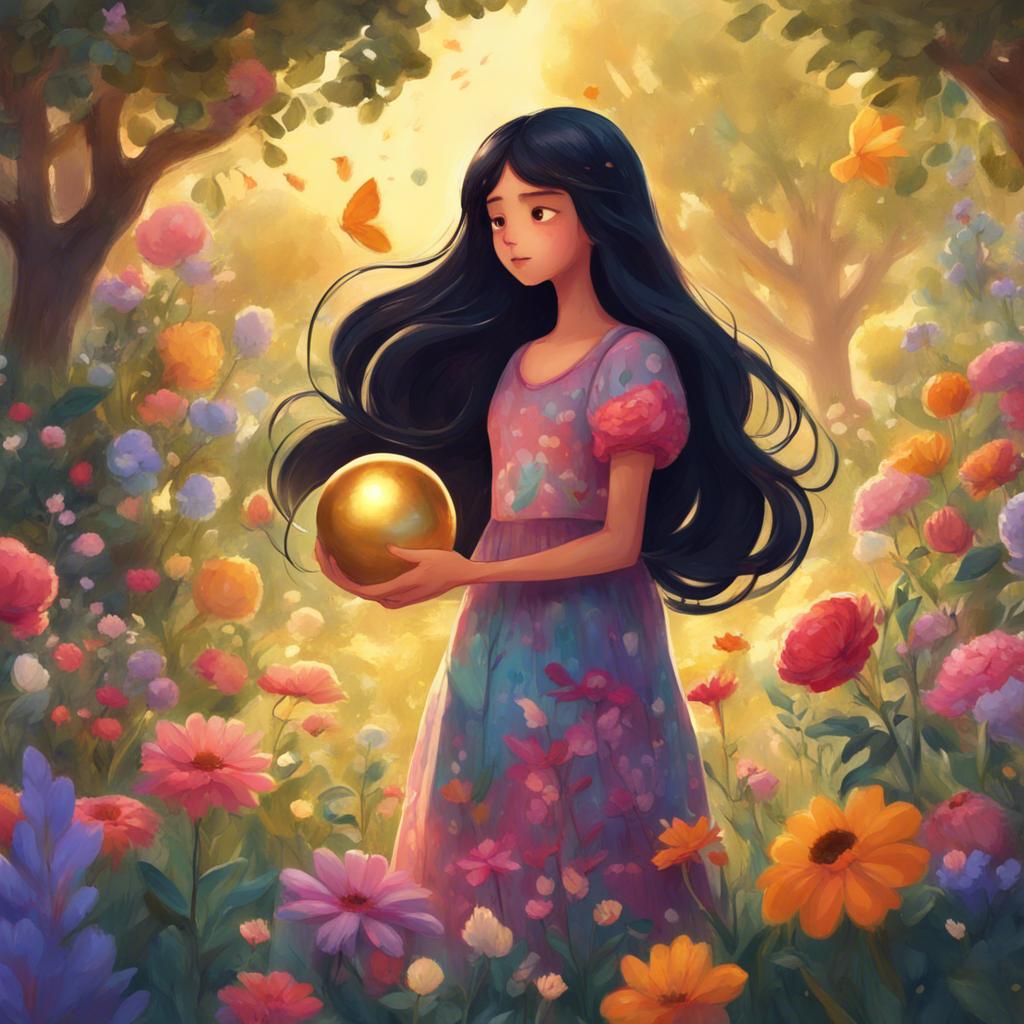Widad, a young girl, with long black hair, wearing a colorful dress, discovering a golden ball in the garden, surrounded by vibrant flowers, magical glow, illustration, whimsical, engaging view, high quality