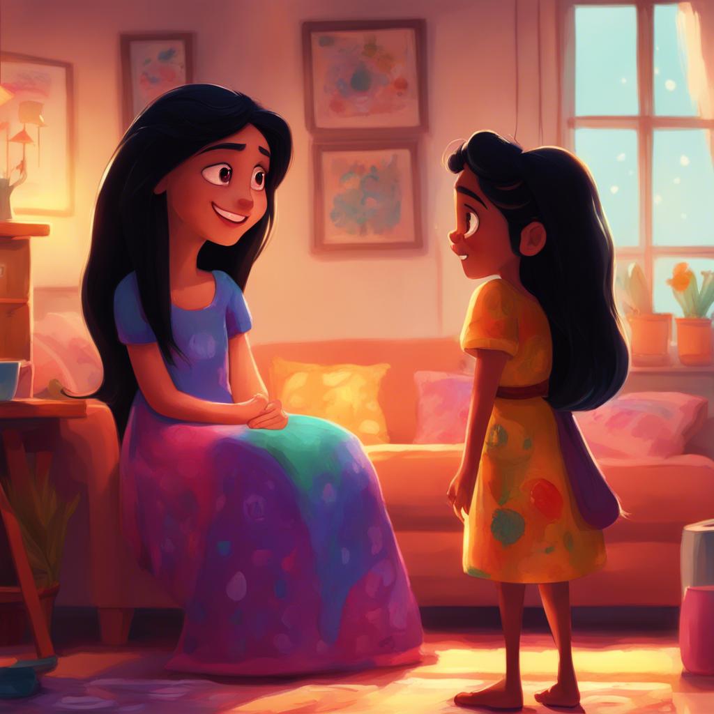 Widad, a young girl, with long black hair, wearing a colorful dress, talking to her mother in a cozy home, warm light illuminating the room, joyful expressions, digital art, inviting atmosphere, high quality