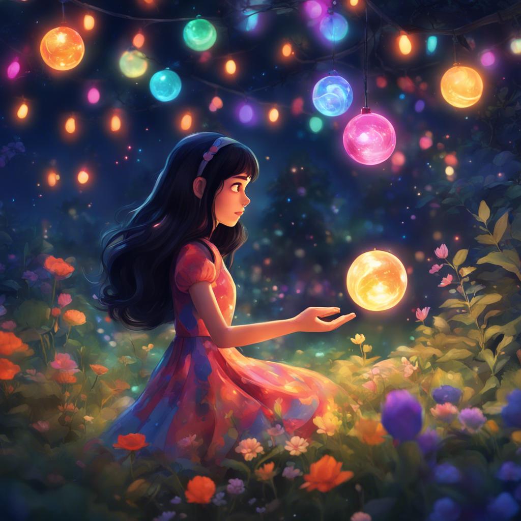 Widad, a young girl, with long black hair, wearing a colorful dress, in the garden at night with a glowing ball floating, colorful lights all around, dreamy and magical, illustration, enchanting, high quality