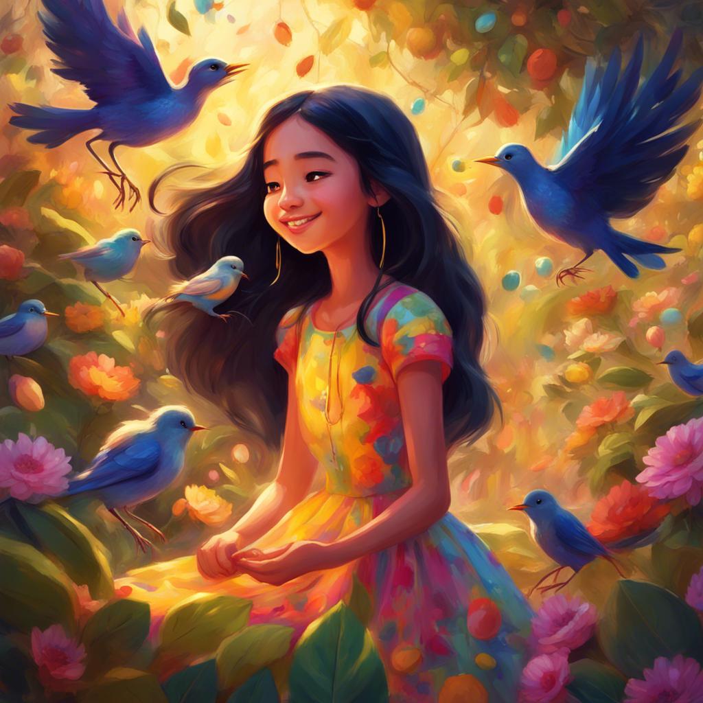 A vibrant garden filled with colorful birds singing around Widad, a young girl with long black hair in a colorful dress, illuminated by the golden light from the ball, cheerful and lively atmosphere, digital painting, high quality
