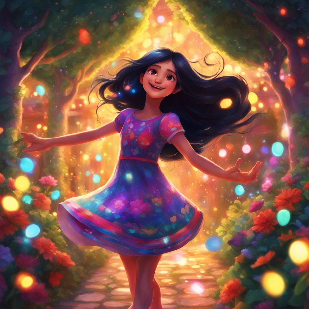 Widad, a young girl, with long black hair wearing a colorful dress, dancing in a garden filled with colorful lights, joyful expression, magical scene, vibrant colors, digital art, high quality