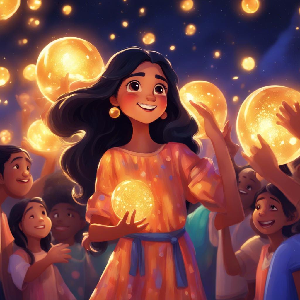 Widad, a young girl, with long black hair and a colorful dress, surrounded by friends watching the golden ball illuminating the night sky, happy expressions, heartwarming atmosphere, illustration, joyful scene, high quality