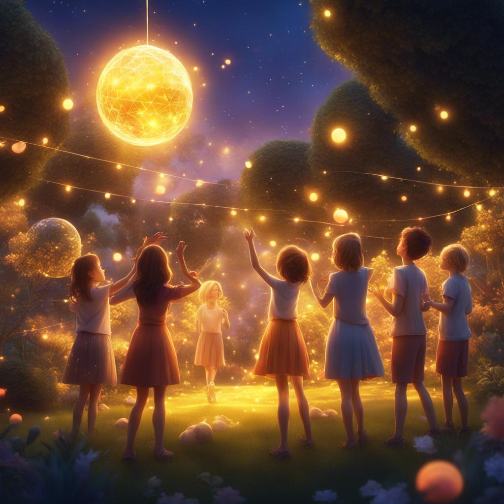 A beautiful garden with a golden ball shining brightly in the sky, Widad and her friends cheering, magical lights filling the air, cheerful and festive scene, digital art, high quality