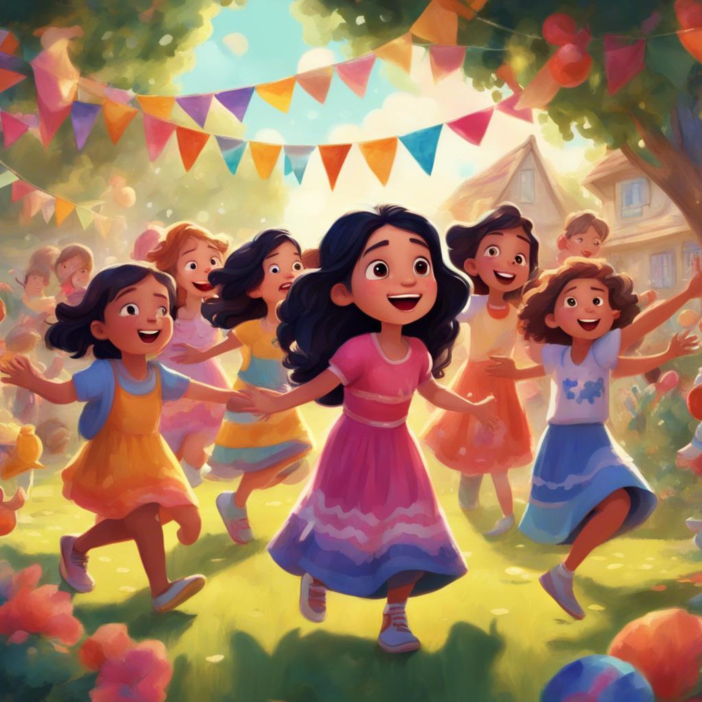 Widad, a young girl, with long black hair in a colorful dress, leading a group of cheerful children in song and dance in the garden, colorful decorations all around, joyful atmosphere, illustration, life and happiness, high quality
