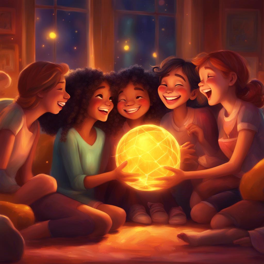 A cozy warm scene showing Widad with her friends sharing laughter and joy under the glow of the golden ball, colorful background, heartwarming moment, digital painting, high resolution