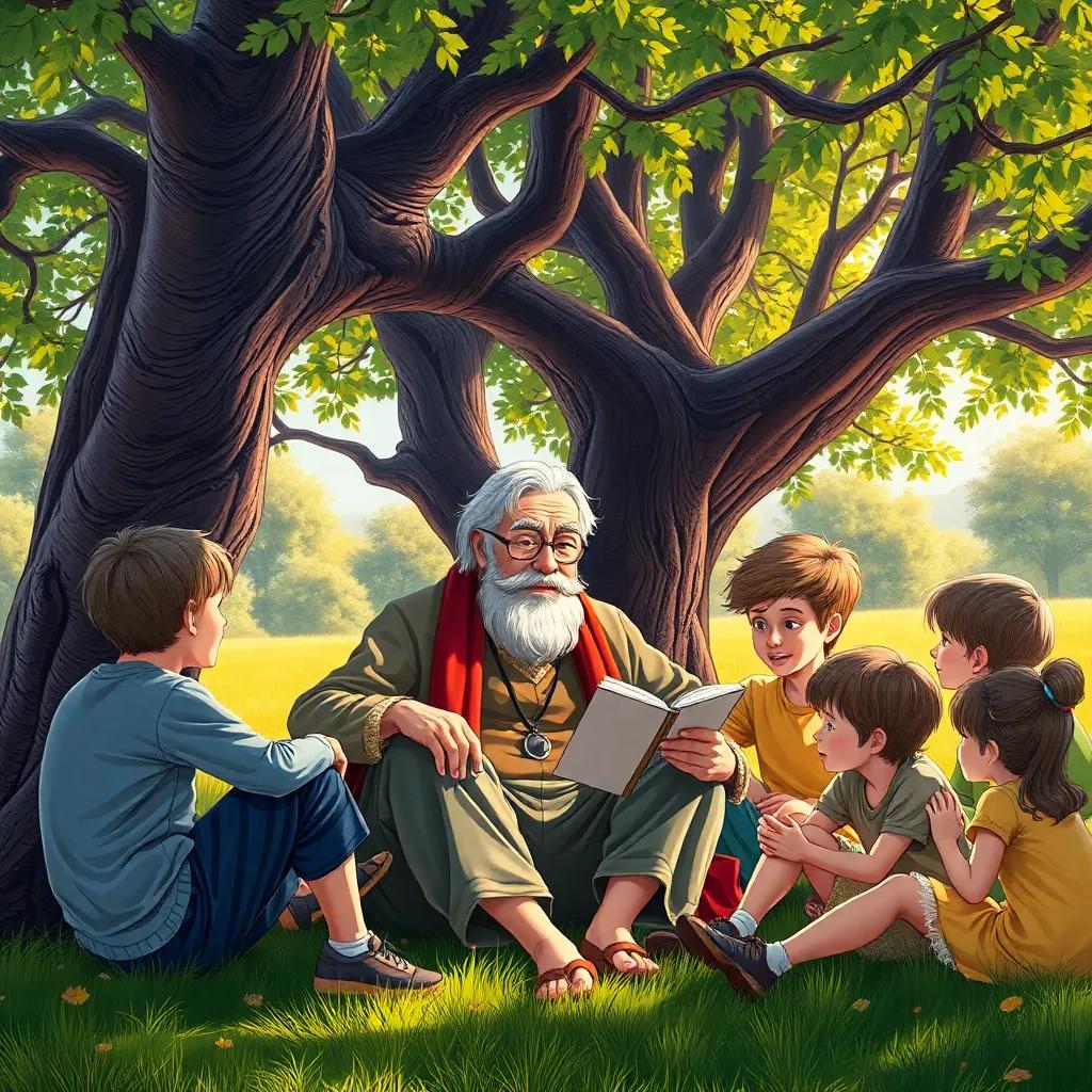 A wise old man, sitting under a tree with his young, eager grandchildren gathered around him, sharing stories of the past in a warm, sunny environment, detailed, inviting, vibrant colors, high quality