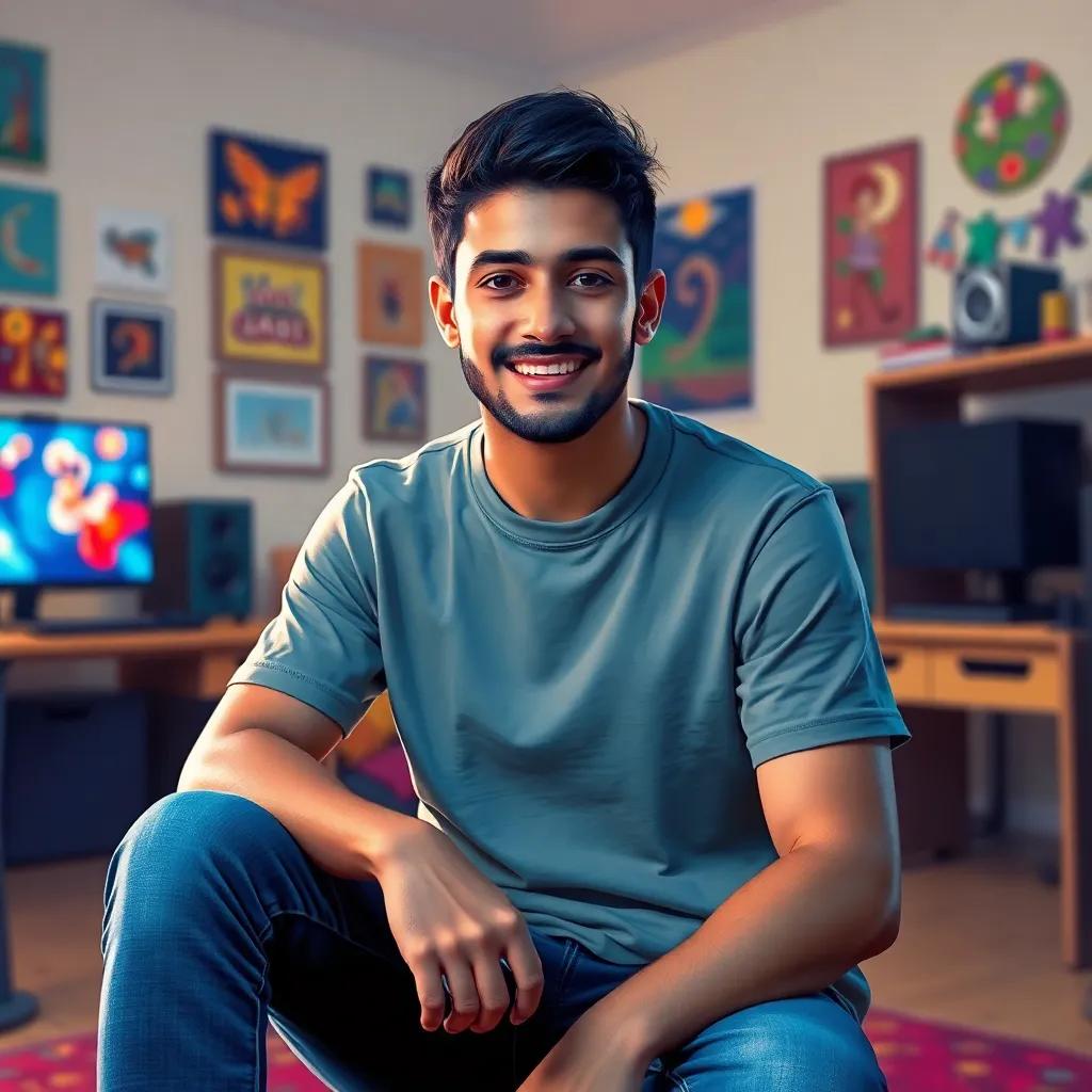 A young Arab man, Yazid, with short, dark hair, wearing a cozy t-shirt and jeans, sitting in a room with a gaming setup, cheerful atmosphere, digital art, bright colors, engaging perspective, high quality