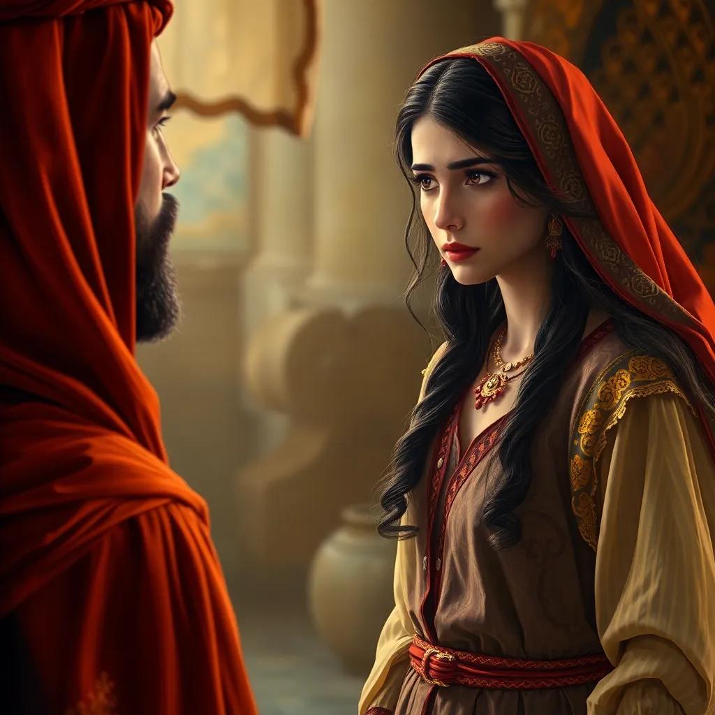 A beautiful Arab girl, Rima, with long hair and wearing a stylish dress, looking disappointed as she confronts Yazid about the lies, emotional expression, warm light, soft focus, storytelling scene, high quality