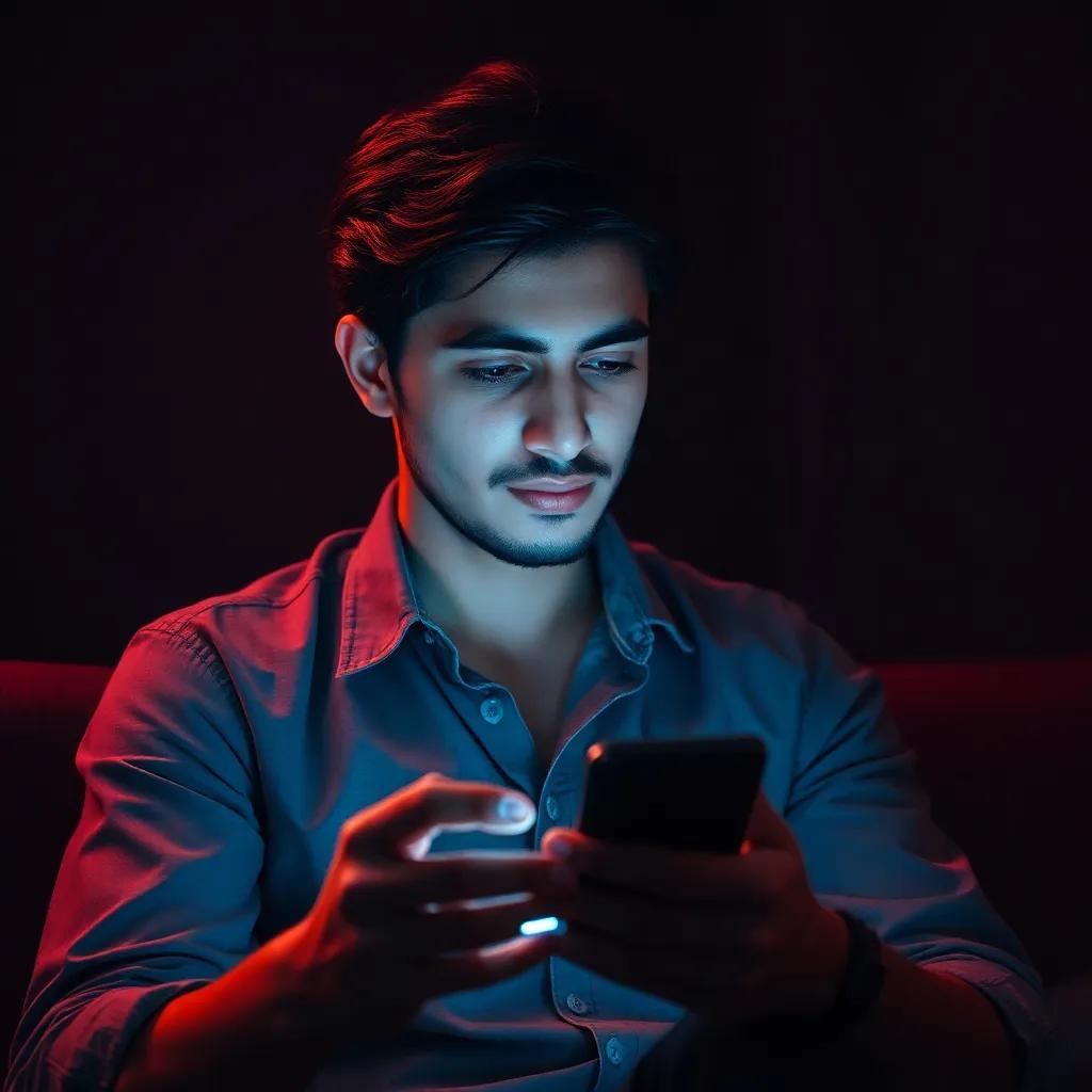 A young Arab man, Yazeed, with medium-length black hair and a casual shirt, sitting in a dark room, focused on his smartphone screen, vibrant and dynamic, digital art, warm light, engaging atmosphere, high quality
