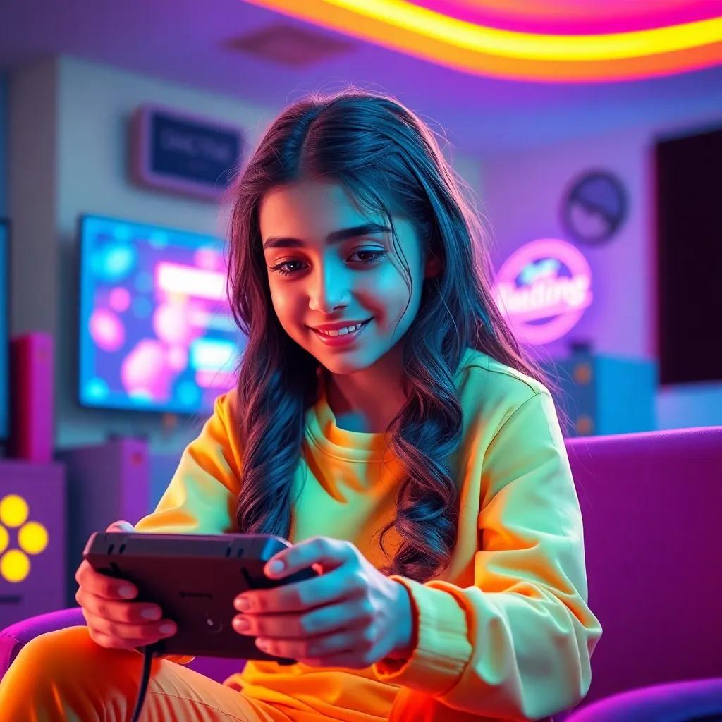 A young Arab girl, Reema, with long, wavy hair and a bright, stylish outfit, smiling softly as she plays on her gaming console, colorful digital art, warm lights, cheerful environment, high quality