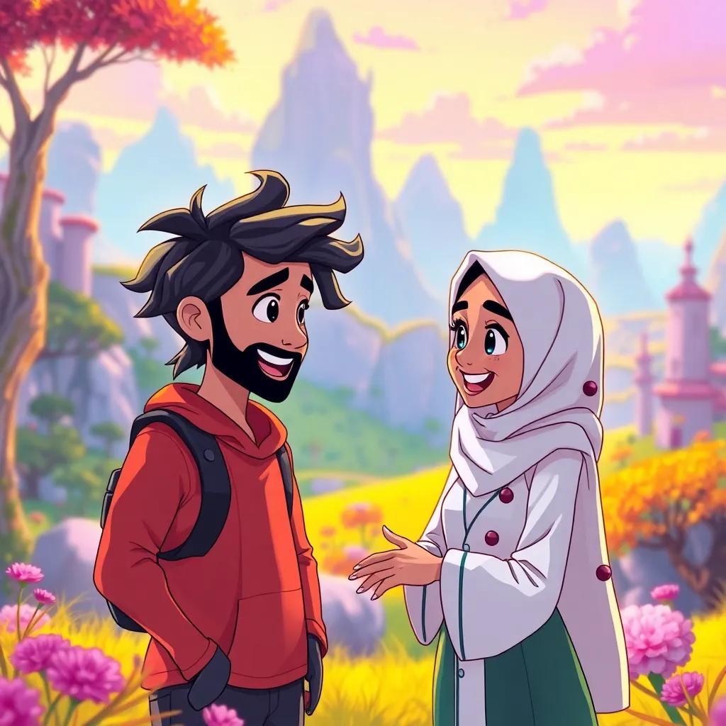 Yazeed and Reema engaged in animated conversation, both smiling and talking excitedly in a fantastical digital world with bright colors and imaginative landscapes, cartoon style, lively atmosphere, high quality