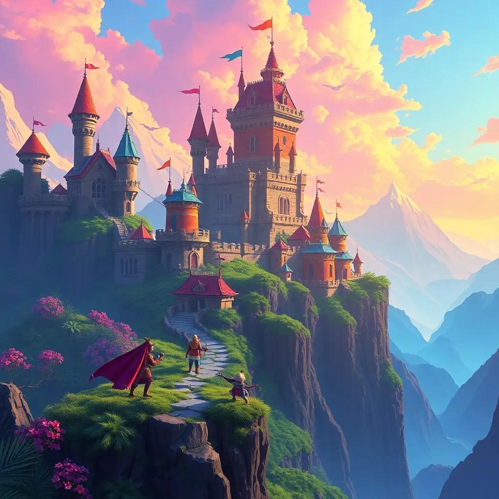A digital landscape of "Tara Plateau" featuring impressive castles and characters in action, a colorful and imaginative world, playful vibe, vibrant colors, fantastical gaming scene, high quality