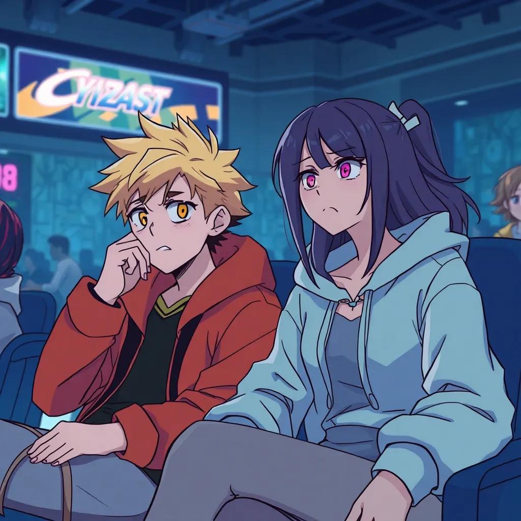 Yazeed feeling anxious, seated next to Reema during the gaming tournament, with tension in the air, both characters animated and expressive, emphasizing emotions, digital art, dramatic light, engaging scene, high quality