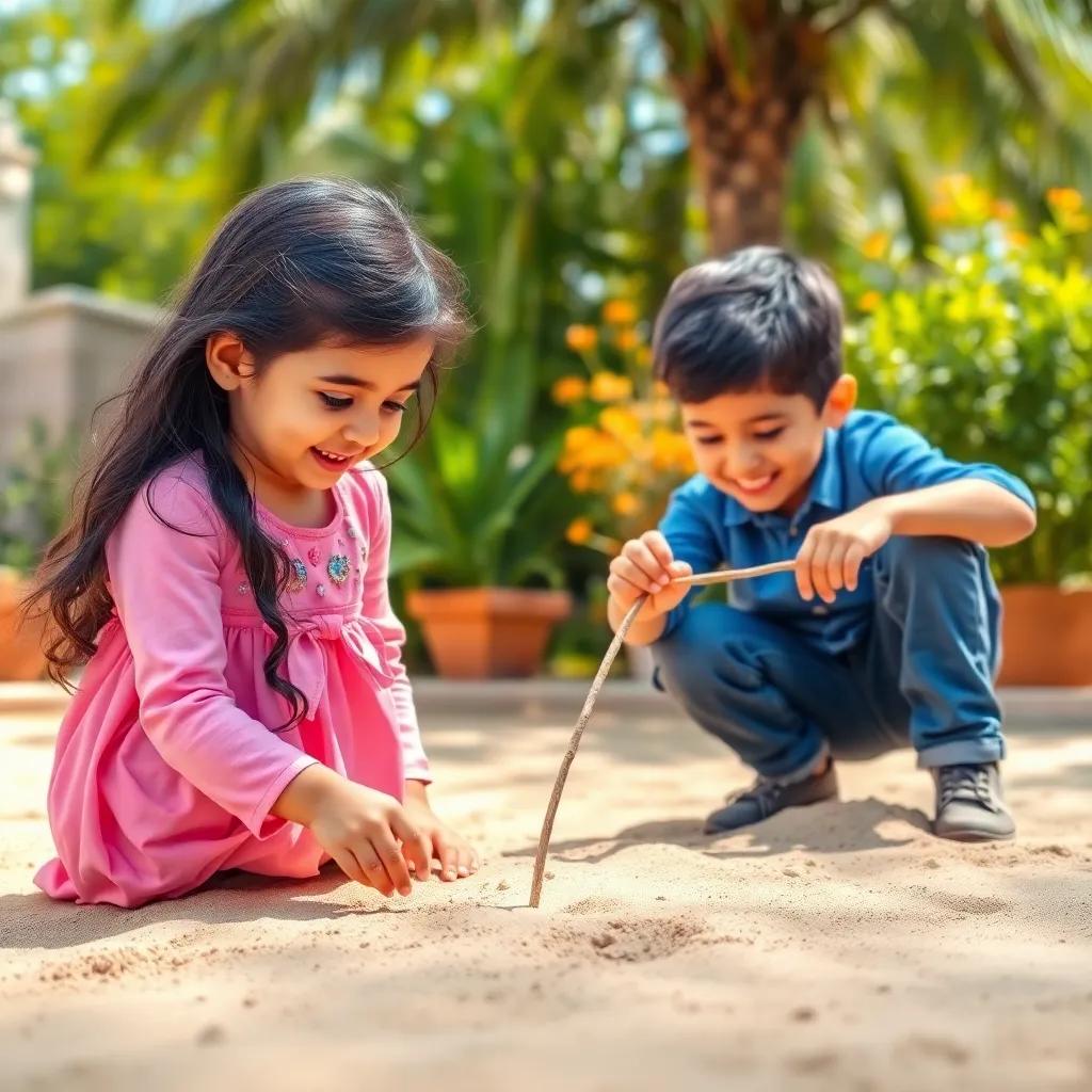 A young Arab girl, Yumna, with long black hair wearing a pink dress, playing in a sunny garden with her brother Anas, who is older and wears a blue shirt and jeans, using a stick to write numbers in the sand, joyful scene, digital art, vibrant colors, cheerful atmosphere, high quality