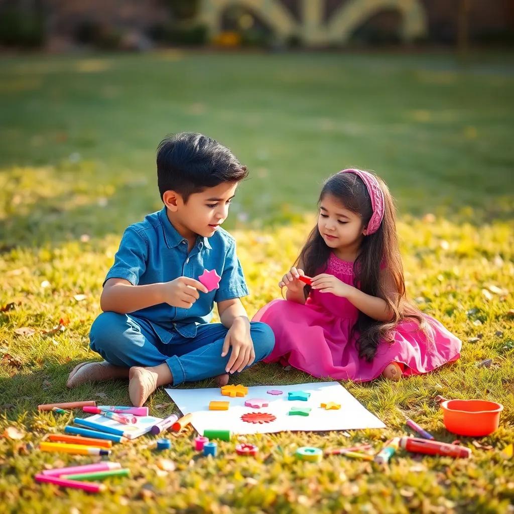 Anas, a young Arab boy with short black hair wearing a blue shirt and jeans, teaching Yumna, a young Arab girl with long black hair in a pink dress, about shapes, both sitting on a grassy ground with colorful drawing materials scattered around, engaging scene, warm light, lively colors, storytelling view, high quality