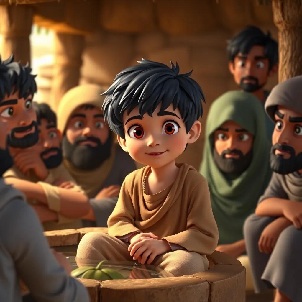 A young boy named Yusuf with black hair, wearing a simple tunic, sitting next to a well surrounded by his jealous brothers, digital art, vibrant colors, warm light, heartfelt atmosphere, high quality