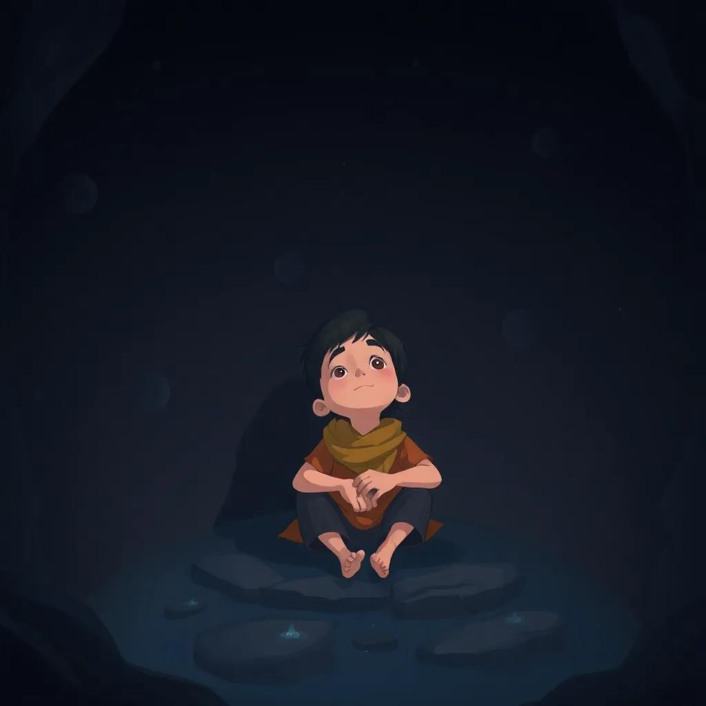 Yusuf with a hopeful expression, sitting at the bottom of the deep well, looking up at the sky, surrounded by shadows, illustration, dark colors, somber mood, child-friendly