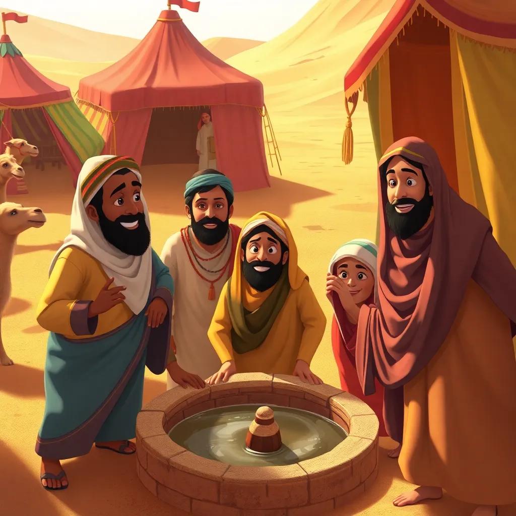 A caravan of traders finding Yusuf in the well, with colorful tents and camels, warm desert scenery, joyful expressions on traders' faces, digital painting, cheerful colors, bright sunlight, high quality