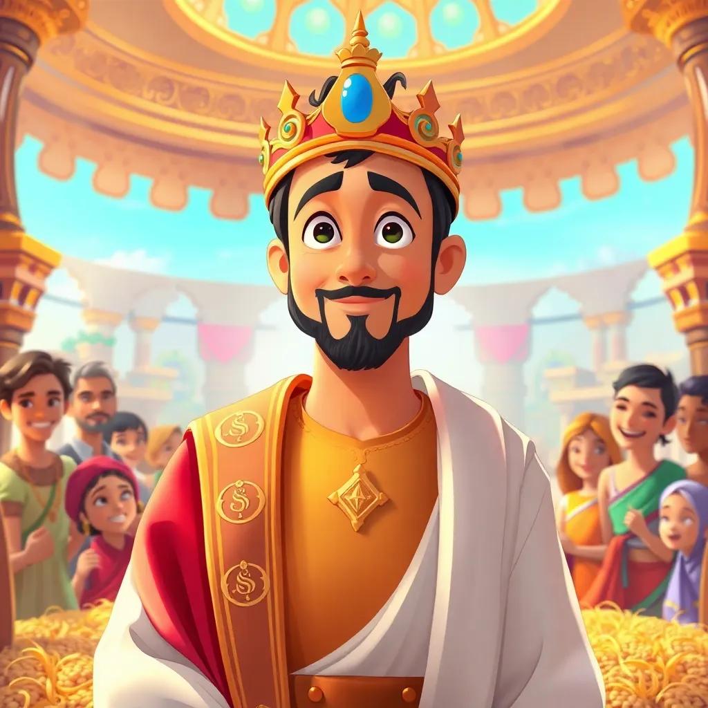 An adult Yusuf in royal clothing, overseeing grains in a beautiful palace, a wise look on his face, surrounded by happy people, illustration, luxurious colors, bright and uplifting, high quality