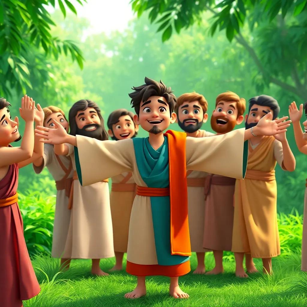 Yusuf standing with open arms, surrounded by his brothers in a moment of forgiveness, joyous expressions, lush green background, digital art, vibrant colors, happy atmosphere, high quality