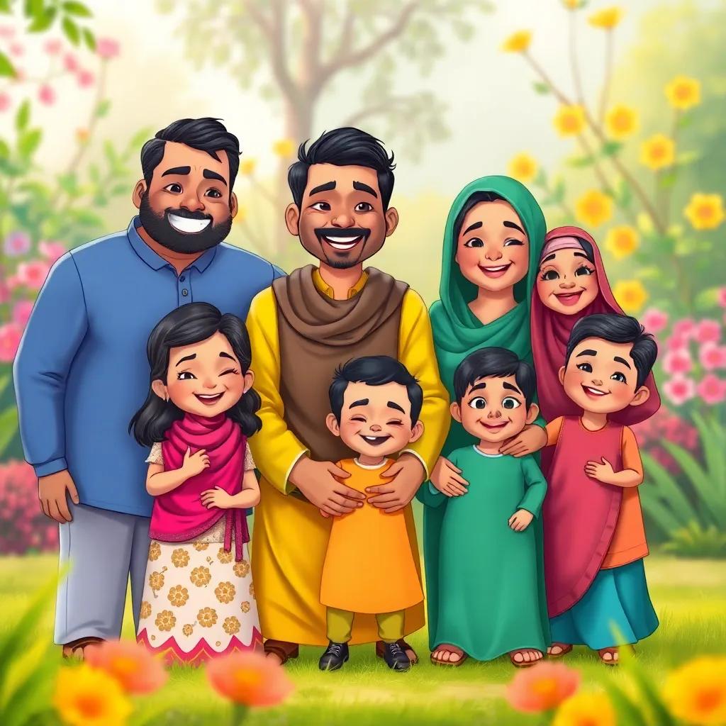 A family reunion scene with Yusuf and his joyful family, colorful clothing, smiles on everyone's faces, vibrant garden background, illustration, warm colors, celebration mood, high quality