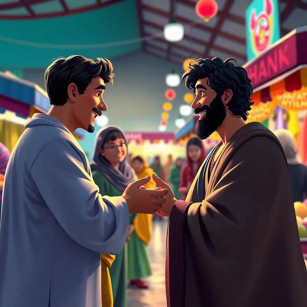 A scene of people happily receiving help from Yusuf, showing gratitude, bright market place with colorful stalls, digital painting, lively colors, bright atmosphere, high quality