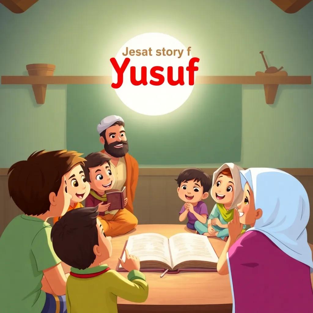 An illustration showing children learning about the story of Yusuf, sitting around a storyteller with bright smiles, classroom scene, colorful art, engaging atmosphere, high quality