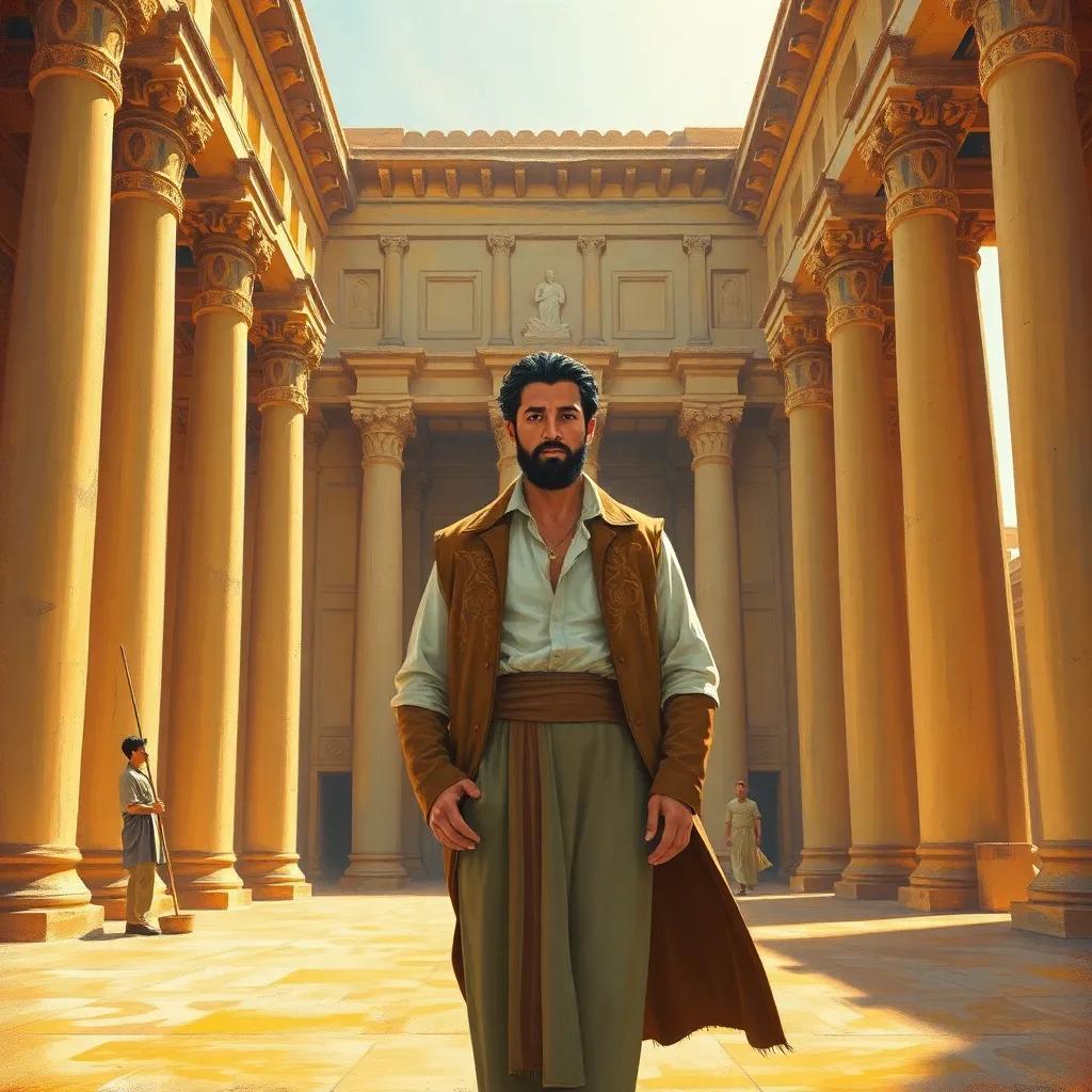 A grand palace in Egypt with Yusuf standing tall, dressed in elegant clothes, looking determined, warm sunlight, golden hues, majestic view, storytelling quality, high detail